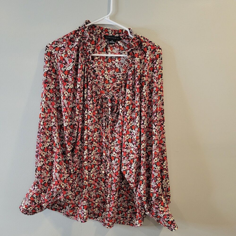 Sanctuary Top Womens 2X Red Pink Floral Blouse Long Sleeve Tie Neck Ruffle Neck